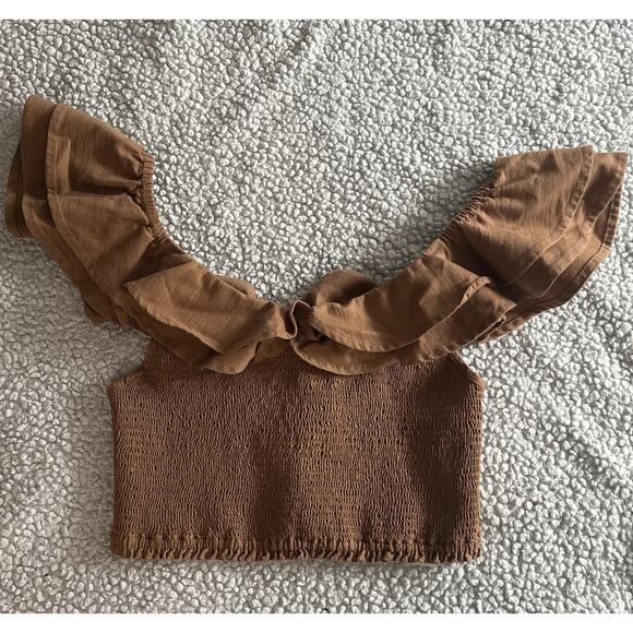 Anthropologie Maeve Ruffled Smocked Top Petite Ruched Stretch Ruffle Cropped 00P - Picture 7 of 9